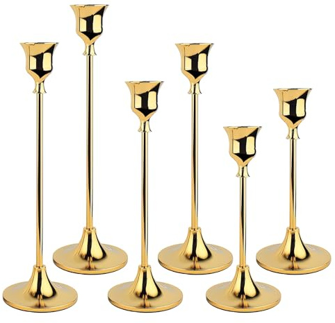 6 Pcs Gold Metal Taper Candle Holders Set, Brass Candlestick Holders, Vintage Modern Decorative Centerpiece Candle Sticks Holder for Wedding, Party Tabletop Decor, Home Decor, Candlelight Dinner
