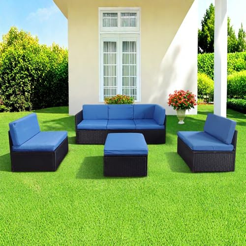 Shally Dogan Set Salotto 4 Pezzi da Giardino in Polyrattan con Pouf e Divano, Arredamento da Esterno a 5 Posti e Morbidissimi Cuscini, Salottino Terrazzo Resistente alle Intemperie (Blu)