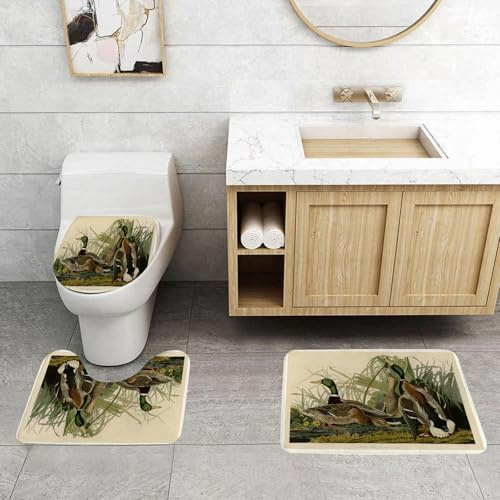 QRFASFZO Set Tappeti Bagno 3 Pezzi in Microfibra, Tappeti Assorbente Antiscivolo,Anatre selvatiche, canne e anatre nell'acqua nell'habitat naturale mostrano la bellezza degli u,Tappetini Doccia