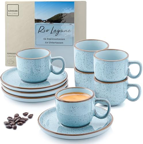 SÄNGER Rio Lagune | Espressotassen Set 12 teilig, Tassen Set 6 Personen, Espresso- & Mokkatassen, kratz- spülmaschinen- mikrowellenfest, 6xTassen & 6xUntertassen blau 80 ml | VALUE COLLECTION