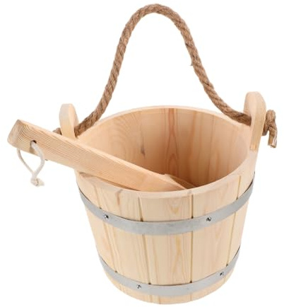 Mikikit Barril de Baño de Madera con Cucharón Accesorio Multiuso para Sauna Ducha y Riego de Jardín Diseño Portátil con Asa para Experiencia Relajante