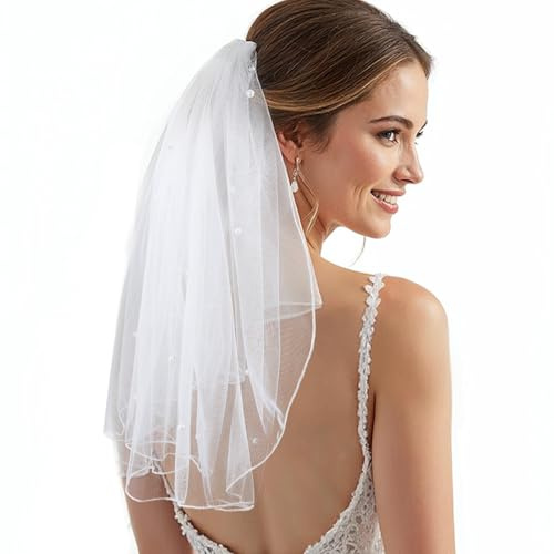 Classicseali Wedding Veil for Bride, Short Bridal Veil With Comb, Pearl Veils Headband White Veils for Bride Shower Hen Party Costume Girls First Communion