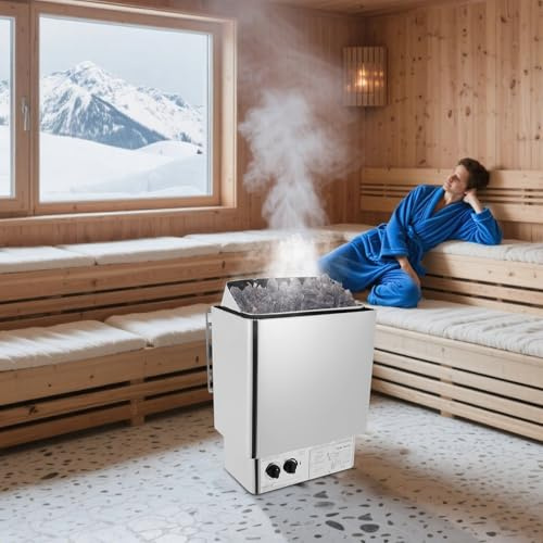 Poêle pour sauna électrique 9 kW en acier inoxydable avec commande intégrée et protection contre la surchauffe, 9 m³, pour sauna, hôtel, spa, douche, montage mural ou sur pied, jusqu'à 110 °C