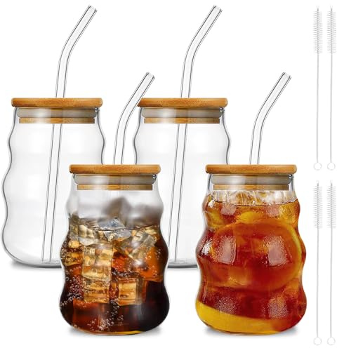 Juego de 4 bonitos vasos de vidrio acanalado con popote y cepillo para pajita, 4 vasos ondulados de 18 onzas, para café helado, latte, agua, macha, jugo, regalo