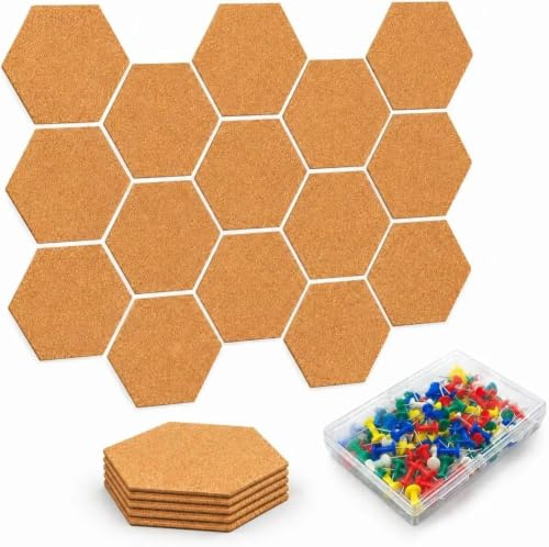 20 Pcs Hexagon Cork Boards for Walls, Multifunctional Pin Board, Self-Stick Bulletin Board,with 100 Colourful Mini Push Pins, for School Bulletin, Office Bulletins,Home Decor, Photo Hanging and DIY
