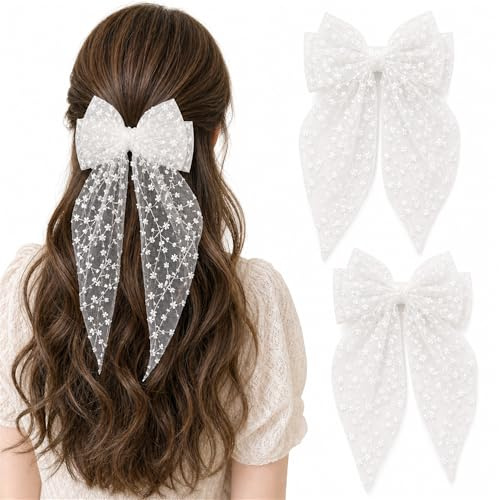 Ypkia 2 Stück Spitzen Haarschleife Weiß mit Langer Schwanz Haarspangen Damen Französische Haarspange Schleife Haarschmuck für Frauen Mädchen