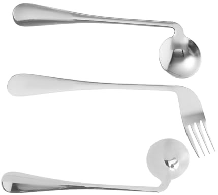 TOBBOMEY Juego de Cubiertos para Zurdos 3 Piezas Cucharas Angulares y Tenedor Curva Acero Inoxidable para Pacientes Ergonómico Alimentación Asistida Uso Diario Adultos Mayores