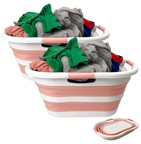 SAMMART 40L (10.5 gallon) Set of 2 Collapsible Plastic Laundry Hamper - Foldable Pop Up Storage Container/Organizer - Portable Washing Tub - Space Saving Basket (2, White/Quartz Pink)