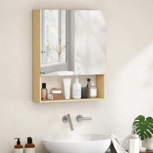 HOMCOM Spiegelschrank Bad Soft-Close 2 Türen Schmal 60 x 16,6 x 75cm Eiche | Badezimmerschrank mit Spiegel, Badschrank, Verstellbarem Regal, Hängeschrank Wandschrank