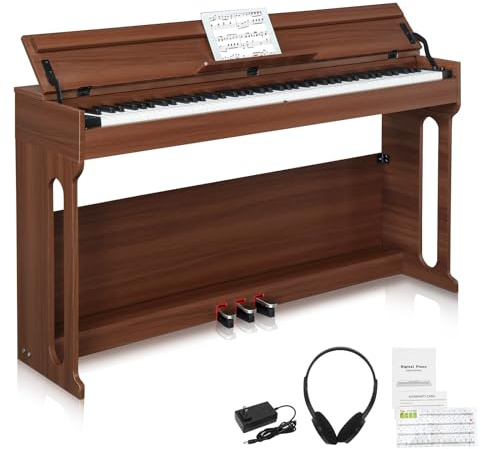 GLARRY 88 Key Weighted Keyboard Piano, GDP-107 Electric Digital Music Keyboard with Audio and MIDI Bluetooth, Triple Pedals, Headphone for All Experience Levels, Black Walnut