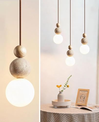 XinZe Wabi-Sabi-Pendelleuchte,Hängelampe Aus Gelbem Travertin Mit Lampenschirm Aus Naturstein,Hängeleuchte Im Nordischen Holzstil Für Schlafzimmer-Nachttischlampe Esstisch Kücheninsel Flur(T/12*27CM)