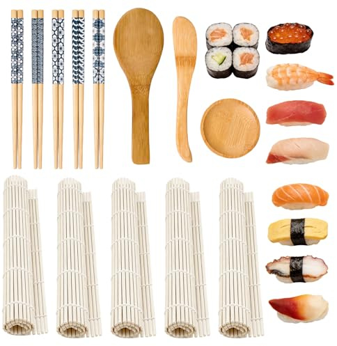 13 Stück Sushi Maker Set, 24 x 24 cm Sushi Matte Wiederverwendbar | Enthält 5 Bambusmatte Roller 5 Paar Essstäbchen Messer und Reislöffel Essigschälchen für Anfänger Selbermachen
