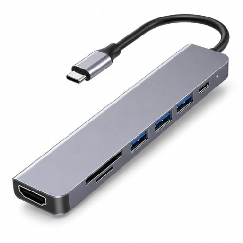 USB C-hubb, 7-i-1 multiport USB C-adapter, USB-C-multiportadapter med 4K 30Hz HDMI, 87W PD, USB 3.0, USB 2.0, SD TF-kortläsare, dockstation, kompatibel med MacBook, iPad, iPhone 15
