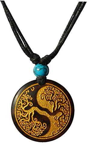 CHICNET Damen Herren Halskette Kette Holzkette Halsschmuck mit Holz Anhänger in rund aus Sonoholz Holz und Baumwolle, mit Türkis Stein, Gravur, Gold Silber bemalt, verstellbar Baum Yin Yang Gold