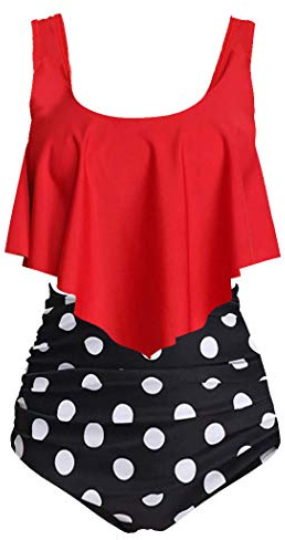 Aidotop Swimsuit for Women Top Ruffled High Waist Swimwear Two Pieces Bathing Suits Bikini Sets(13red Point,UK 10-12(M))