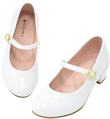 LseLom Girls Dress Shoes-Mary Jane Shoes for Girls Low Heel Princess Hook and Loop Dance Shoes Party Wedding Flats White Pearl US 4 for Big Girls