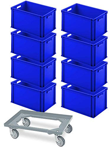 BRB Komplettset Schwerlast-Transportroller + 8x Eurobox 600x400x320mm, blau