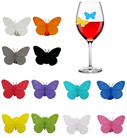 MiaLover 12 Stück Schmetterlings Getränkemarker Weinglas Charme Wiederverwendbare Getränkemarker Trinkglas Markierung Getränkemarker Teebeutelhalter für Party Glaskennzeichnung Wein Marker