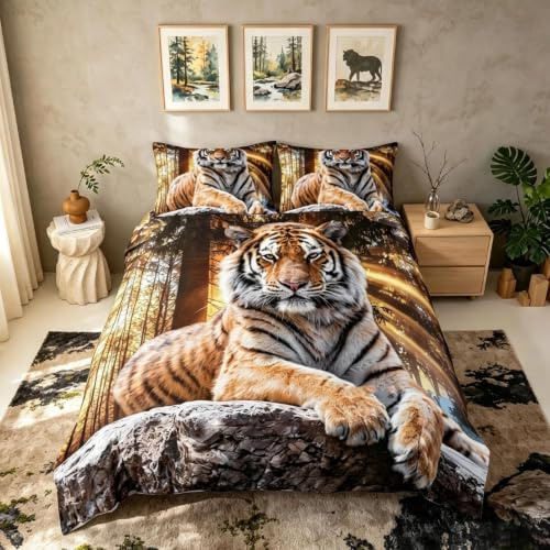 Loussiesd Tiger-Bettwäsche-Set, Safari-Tiger-Bettwäsche-Set für Kinder, Jungen, Wildtiere, Bettdeckenbezug, weiche Mikrofaser, Bettbezug, Super-King-Size-Bett