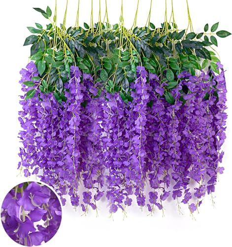 12 PCS Glicina Artificiales, Plantas Artificiales Decorativas,Flores de glicina,Artificiales Flores Wisteria,Guirnalda Colgante para Fondo,Boda,JardíN y DecoracióN de Pared del Hogar (Púrpura)