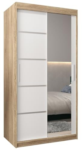 MEBLE KRYSPOL Kleiderschrank mit Spiegel Verona 2 - Garderobenschrank - Schrank Schlafzimmer - Mehrzweckschrank Zwei Schiebetüren - Regalen - Flur Möbel - Kleiderstange Schrank - Allzweckschrank