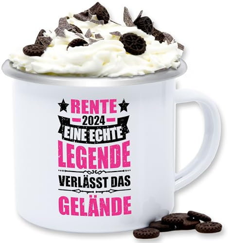 Emaille Tasse Blechtasse - Rentner Tassen - Rente 2025 eine echte Legende verlässt das Gelände - fuchsia/schwarz - 300 ml - Weiß Silber - rentnerin 2023 retirement renter teetasse frau