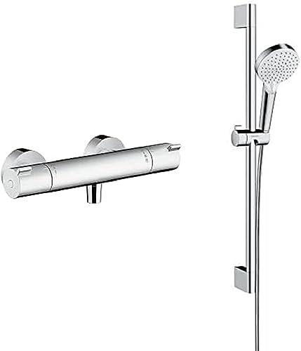 hansgrohe Set mit Ecostat Aufputz Duschthermostat für 1 Funktion (Chrom) & Crometta wassersparendes Duschset mit Sparduschkopf, Brausestange 0,65m und Brauseschlauch 1,60m (Weiß/Chrom)