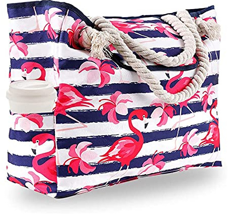 Zouwel Large Beach Bag Pink Flamingo Summer Beach Tote Bags Waterproof Sandproof Beach Tote Bag with pockets Extra Large Capacity Foldable Travel Beach Bag for Women(Flamingo)