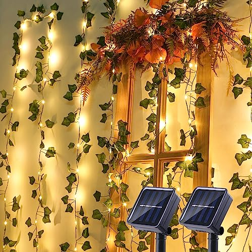 BrizLabs 2 Piezas Cadena de Luces Exterior Solar, 12M 100 LED Guirnalda de Hiedra Artificial Luces Solares Exterior 8 Modos Impermeable para Jardín Balcón Boda Fiesta Decoración, Blanco Cálido
