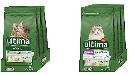 Ultima Pienso para Gatos Adultos con Pollo - 3 x 3kg: Total 9kg & Pienso para Gatos Esterilizados para Prevenir Bolas De Pelo con Pavo - 4 x 1.5 kg