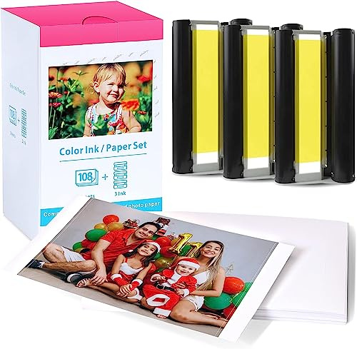Premium Ersatz für Canon Selphy CP1500 CP1300 CP1200 Fotopapier KP-108IN | passend für Canon selphy CP1000 CP910, kompatibel mit Selphy CP1500 Papier und Patrone, 108 papier (100 x 148mm) & 3 patronen