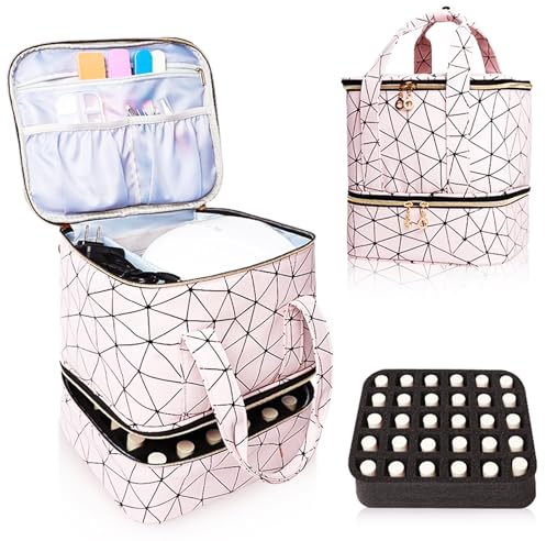 Pink Large Makeup Bag, BYLife Nail Polish Organiser-Holds 30 Bottles Double-Layer Travel Storage Bags Waterproof PU Cosmetic Bag with Adjustable Dividers for Manicure Tools Storage