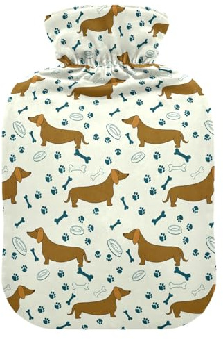 Wärmflasche, 2 l, großer Wärmbeutel mit weichem Plüschbezug, Cartoon-Hunde und Knochen, auslaufsicherer Schraubverschluss, ideal für Wintersport, Outdoor, Rücken, Nacken und Beine, kalte