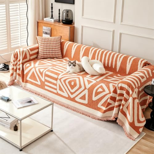 VanderHOME Chenille Sofa Überwurfdecke 2/3 Sitzer, Boho Doppelseitig Sofadecke mit Fransen, Verschleißfeste Dekorativ Decke, Kann als Sofa Cover, Sofa Überzug, Sofaschoner 180 * 260cm-Orange