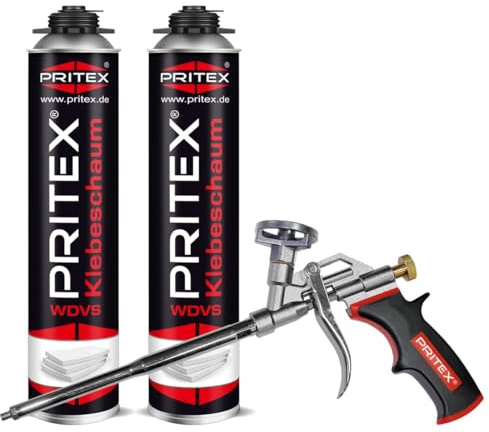 PRITEX WDVS Klebeschaum Set, 2x 750ml Dämmstoffkleber inkl. Pistole