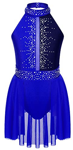 Xnihocha Kinder Mädchen Ballettkleid Ärmellos Neckholder Tanzkleid Tanztrikot mit asymmetrische Rock Ballettbody TanzKostüm Blau 146-152