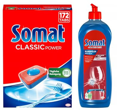 SOMAT Tabs 172 AW Classic Power, Geschirrspül Tabs mit Fettlösekraft für kraftvolle Reinigung, Spültabs für strahlend sauberes Geschirr + Somat Duo Power Experten Klarspüler 750ml