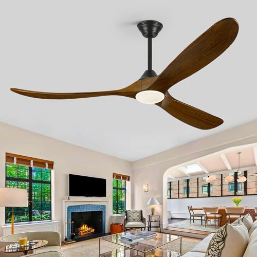 OUENGK 152cm Holz Deckenventilator mit Licht, Indoor Outdoor Deckenventilatoren für Terrassen mit umkehrbarem DC Motor, großer Luftstrom Propeller Deckenventilator für Bauernhaus Schlafzimmer Veranda