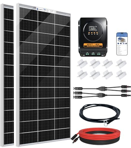 ECO-WORTHY Kit Panneau Solaire 390W : 2 * Panneau Solaire Bifacial 195W 12V + Régulateur de Charge Solaire MPPT 40A + Câble Solaire de 5m + Pinces de Fixation Z pour Camping-Car, Caravane, Maison