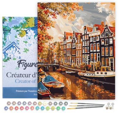 Figured'Art Peinture par Numéro Adulte avec Cadre Soleil à Amsterdam - Activité Manuelle Kit de Loisir Créatif DIY Numéro d'Art Complet - 40x50cm toile tendue sur châssis
