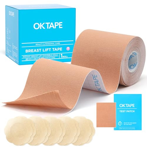 OK TAPE Nastro Adesivo Seno Boob Tapes Reggiseno Nastro Adesivo per Vestiti Nastro con 5 Paia di Copricapezzoli Set Nastro Invisibile per Abbigliamento,7,5cm x 5m,Beige