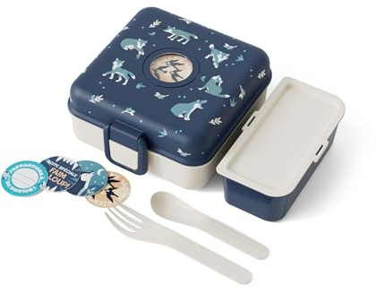 monbento - Fiambrera Sandwich Niños Snacky azul Wolf - Caja Merienda para Bocadillo Integral - Cubiertos incluidos - Fiambrera Personalizada Infantil - Ideal para el Cole/Picnic - Sin BPA - Lobo