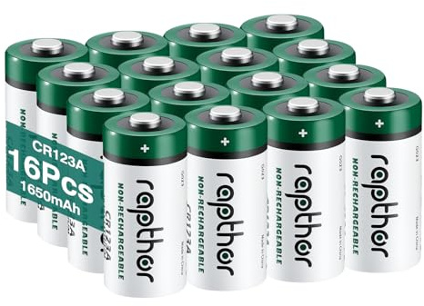 Rapthor CR123A 3V 1650mAh Lithium-Batterien 16 Stück, Ersatz für CR123 CR123A CR17345, für Taschenlampen, Kameras, Blitzgeräte, Rauchmelder, Sicherheits- und Smart-Home Geräte, Nicht wiederaufladbar