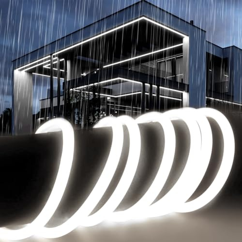 SUCIKORIO 5m Silicone Neon LED Strip Light Round for Bedroom Cool White 6000K 220V Waterproof Fireproof IP65 Led Strip Lights Cuttable Flexible Neon LED Rope Lights Outdoor with Power Supply