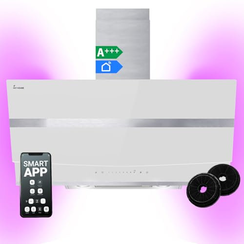 Hotte aspirante cuisine 90 cm | Hotte Murale Inclinées | acier inoxydable | verre blanc | WiFi | arrête automatiquement | éclairage LED RVB | Opération tactile | HERMES9005WM