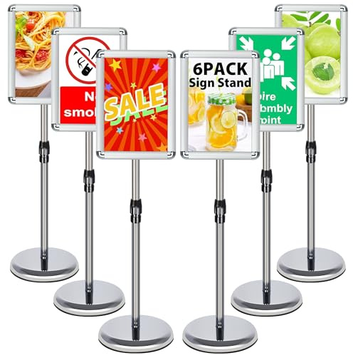 VAIIGO 6 Stück Infoständer DIN A4 | Höhenverstellbar & drehbar Alu Plakatständer Posterständer mit Sicherheitsecke | Kundenstopper, Werbeständer & Aufsteller für Menü,Büro,Restaurant/Werbung | Silber