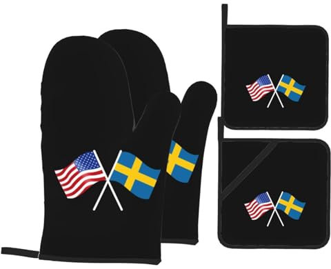 Mitaines De Cuisine Drapeau Américain Et Suédois Antidérapant Kitchen Mittens Professionnel Maniques Cuisine pour Grillade Barbecue Four,4 Pièces