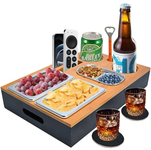 Dazhtu Couchbar Snackbox, Couch Tablett Mit Snackschalen Aus Edelstahl, Praktischer Sofatablett Snackbox mit Fächern, Abnehmbarer Deckel, Snackhalter, Sofaablage für Wohnzimmer Garten Camping Couchbar