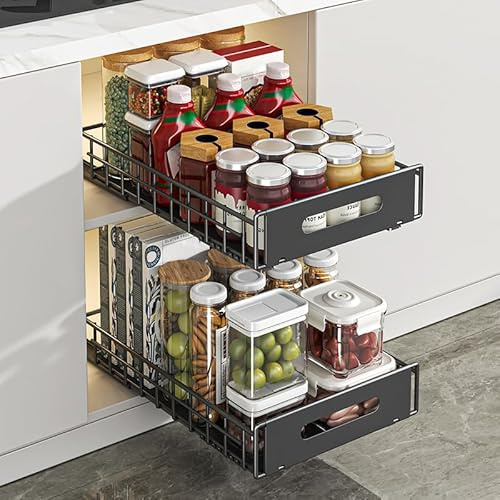 YunNasi Tiroir Coulissant Cuisine Tiroirs Télescopiques pour Armoires de Cuisine Organiseur de Tiroir pas de Perçage (Noir, 2Pièces: 41Dx25Wx6H CM)