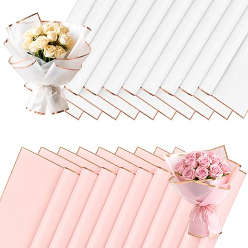 20 Feuilles Papier Bouquet de Fleur Rose et Blanc avec Bordure Dorée, Papier Fleuriste Étanche Imperméable, Papier Emballage Fleuriste avec Ruban, Carte et Ciseaux, Papier Cadeau Fleurs